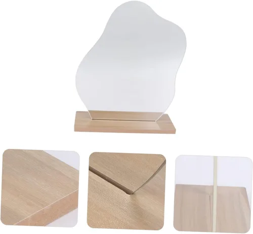 Miniatura 6 de Espejo de maquillaje de escritorio irregular con soporte, espejo de tocador plateado estético para mujer, diseño compacto con función de aumento