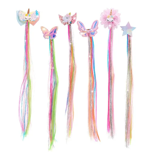 Juego de 6 clips de peluca arcoíris y flequillo falso recto, accesorios para el cabello de unicornio de colores gruesos para colas de caballo y niñas