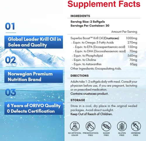 Miniatura 2 de NYO3 Aceite de krill 1000 mg Omega 3 Suplemento, 56% de fosfolípidos para 98% de absorción, aceite de krill antártico Superba Boost Krill, alto EPA