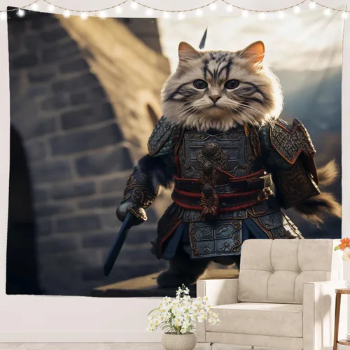 Miniatura 22 de Batmerry Cat In Armor Polyester Tapestry, Cat Armor Sword Warrior Battle Shield Lightweight Wall Hanging High-Definition Print Backdrop For Dorm