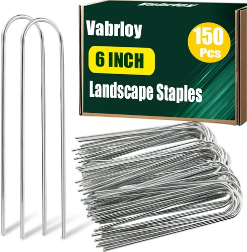 150 grapas de paisaje, estacas de jardín de 6 pulgadas, grapas de jardín de calibre 12, pasadores en forma de U resistentes galvanizados, estacas de