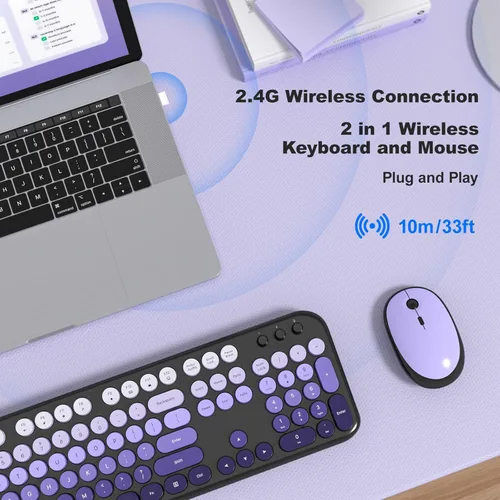 Miniatura 131 de KNOWSQT Combo de teclado y ratón inalámbrico, teclados lindos de tamaño completo estilo máquina de escribir 2.4G azul colorido - receptor USB Plug