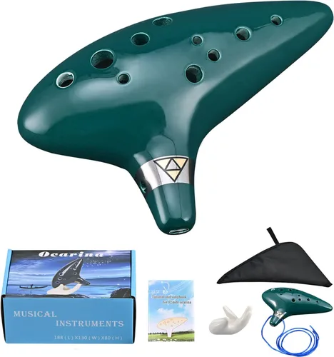 Miniatura 9 de Ocarina Piccolo de cerámica Alto C de 12 agujeros, regalo de instrumento musical para adultos principiantes con soporte de exhibición, libro de Azul