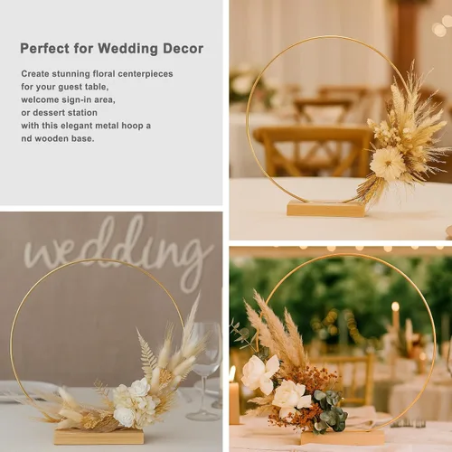 Miniatura 2 de Paquete de 10 aros florales con soporte de madera de 10 pulgadas, anillos de metal para centros de mesa de bricolaje, decoraciones de mesa