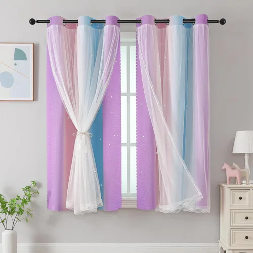 Miniatura 16 de XiDi Cortinas opacas con estrellas para habitaciones de niños, cortinas verdes para ventana de dormitorio de niños, azul y gris, 52 pulgadas de Azul