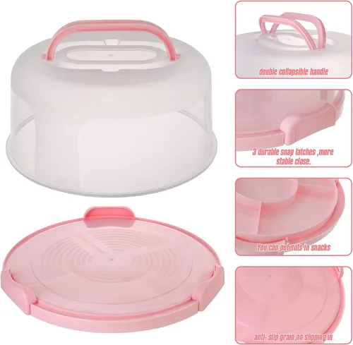 Miniatura 6 de Zoofen - Porta pasteles de plástico con asa de 10 pulgadas, soporte para tartas con tapa, contenedor de pastel rosa para tartas redondo de 10