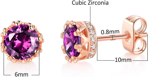 Miniatura 8 de MDFUN Aretes chapados en oro rosa para mujer, 0.236 in, corona brillante redonda, piedra natal, regalo de cumpleaños