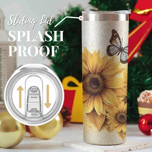 Miniatura 5 de Onebttl Regalos de mariposa de girasol para los amantes del girasol, vasos aislados de acero inoxidable de 20 onzas con tapas y pajitas, regalo