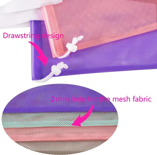 Miniatura 5 de Paquete de 4 bolsas reutilizables de malla colorida para la playa, bolsa de compras de malla con cordón para viajes, juguetes, regalo o lavandería