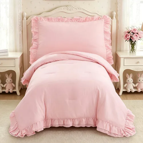 Miniatura 7 de Juego de ropa de cama para niñas pequeñas, 4 piezas con volantes dobles, suave y transpirable, juego de ropa de cama para cuna, incluye edredón Rosa