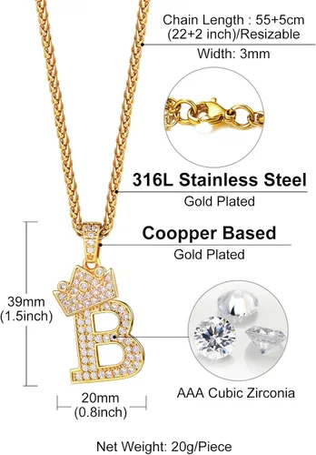 Miniatura 4 de Richsteel A-Z Crown Initial Necklace For Men Women 18K Gold Plated Shiny Cubic Zirconia Monogram Pendant with 22'' Chain+2'' (Extended) Fashion