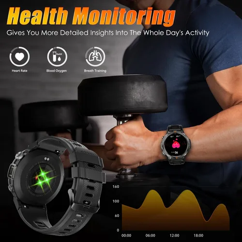 Miniatura 7 de EIGIIS Reloj inteligente militar para hombre, táctico, resistente, con linterna de llamada Bluetooth, pantalla grande de 1.45 pulgadas, monitor