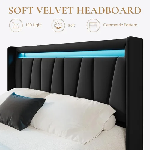 Miniatura 5 de SHA CERLIN - Base de cama Queen con estación de carga y luces LED, cama moderna de plataforma de terciopelo con cabecero tapizado geométrico,