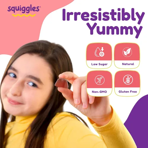 Miniatura 4 de Squiggles Kids Daily Iron+ Gummies - Suplemento masticable con hierro, multivitamínico para niños, bajo en azúcar, vegano, gomitas para niños