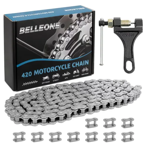 Cadena de motocicleta 420 – 420 cadenas de rodillos estándar 132 eslabones + rompedores de cadena, se adapta a 50, 70, 90, 110 cc, 125 cc, Pit Dirt