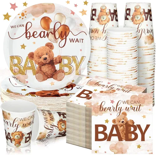 Miniatura 40 de Hushee 200 piezas de platos de papel, servilletas y vasos florales para baby shower, juego de vajilla para fiesta de baby shower, vasos y Rosa