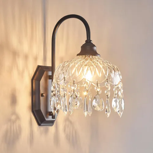 Miniatura 9 de Juego de 2 apliques de pared vintage, apliques de pared de cristal de cristal, acabado negro antiguo cepillado mate, juego de dos para dormitorio