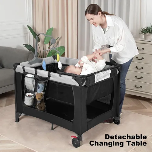 Miniatura 2 de Pack and Play con Mesa Cambiadora y Bolsa de Transporte, Corralito Cuna Portátil 4 en 1 para Recién Nacidos a Niños Pequeños, Cuna de Viaje Plegable