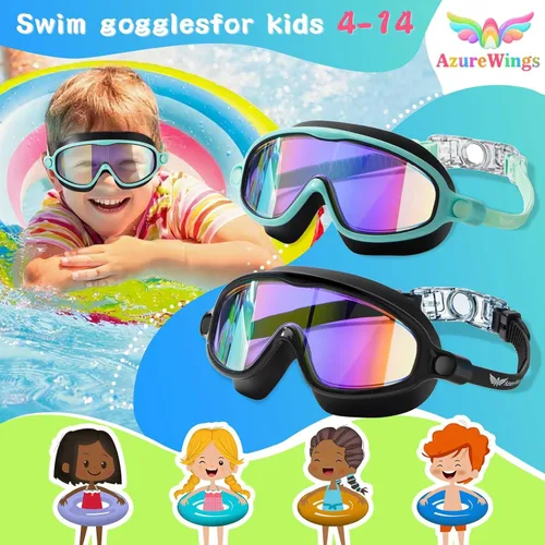 Miniatura 2 de Paquete de 2 gafas de natación para niños, sin fugas, antivaho, anti-UV, para niños y niñas de 4 a 14 años Espejo verde y espejo negro