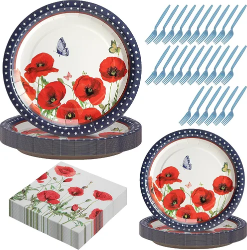 Wehhbtye 100 platos y servilletas de flores de amapola del 4 de julio, platos de papel conmemorativos con tenedores, suministros desechables de