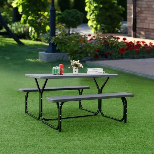HAPPYGRILL Juego de mesa de picnic al aire libre con marco de metal y superficie resistente a todas las condiciones climáticas, juego de mesa de