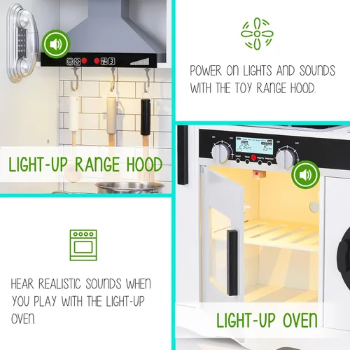 Miniatura 6 de Lil' Jumbl Juego de cocina para niños, cocina de madera de simulación, máquina de hielo a pilas, microondas, campana extractora, estufa, horno