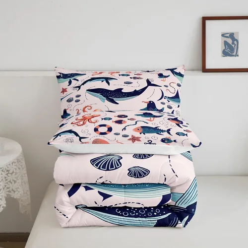 Miniatura 5 de Erosebridal Juego de edredón de animales costeros para niños y niñas, juego de ropa de cama de ballena de dibujos animados, tamaño individual, lindo