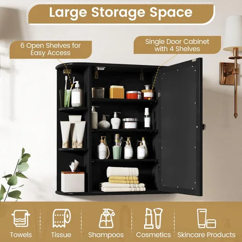 Miniatura 6 de Tangkula Botiquín de baño con espejo, almacenamiento para el hogar montado en la pared con puerta y 6 estantes abiertos, estantes ajustables, Negro