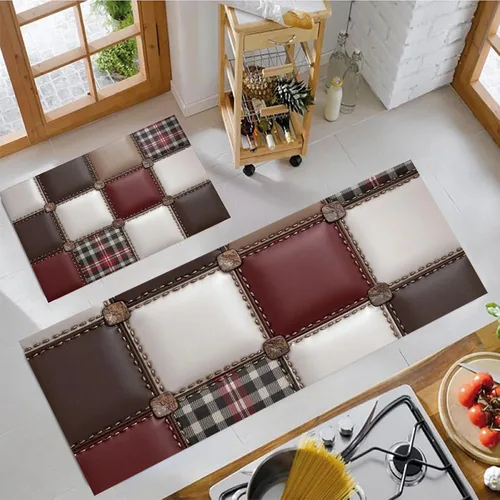 Miniatura 3 de Reddish Brown Kitchen Rugs, 3D Leather Patchwork Non Skid Washable Comfort Mats for Floor, Anti Fatigue Kitchen Cushioned Runner Rug Retro Plaid