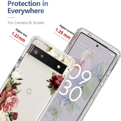 Miniatura 2 de Funda para Google Pixel 6A, diseño floral, protector de pantalla de vidrio templado transparente, funda protectora de cuerpo completo