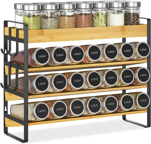 EsLuker.ly Organizador de condimentos para especias para encimera de cocina, 4 niveles de bambú para especias con 4 ganchos, soporte independiente