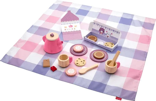 Fisher-Price Juego de té de pícnic, 18 piezas con manta, platillos de madera y comida para niños preescolares a partir de 3 años