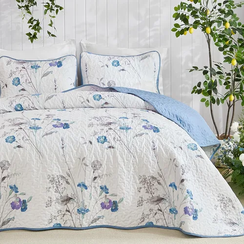Miniatura 14 de WONGS BEDDING Juego de edredón floral verde azulado, tamaño Queen, juego de colcha de 3 piezas con patrón de plantas botánicas con 2 fundas