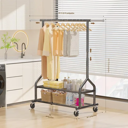 Miniatura 3 de EAGMAK Perchero de ropa resistente con capacidad de carga de 556 LBS, perchero rodante con estantes, colgador de ropa ajustable en altura con Negro