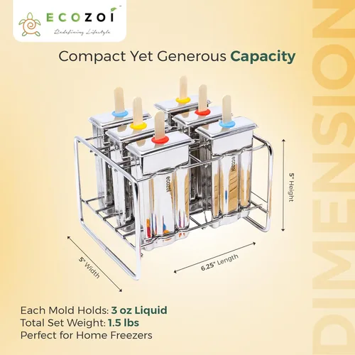 Miniatura 3 de Ecozoi Moldes y Estante de Acero Inoxidable para Paletas – 6 Moldeadores de Paletas de Hielo Cuadradas + 30 Palos de Bambú Reutilizables + 12 Sellos