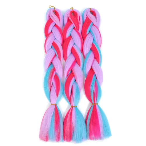 Miniatura 9 de 3 piezas de cabello trenzado de color azul y rosa para niña, cabello de color para trenzar de 24 pulgadas (rosa intenso-azul-morado)