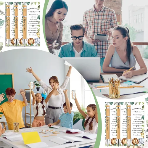 Miniatura 7 de Zhanmai 25 juegos de recuerdos de safari para baby shower, incluye bolígrafos de bambú y tarjetas de agradecimiento, bridas plateadas, selva