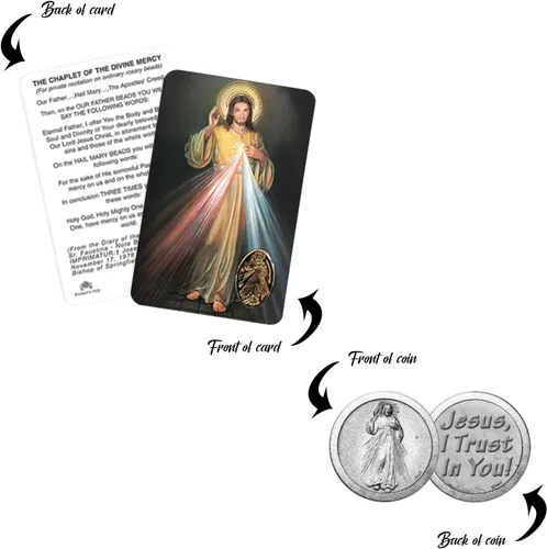 Miniatura 5 de Trendzeen Coronilla de la Divina Misericordia - con medalla en relieve, ficha de Jesucristo, tarjeta de oración del Señor Ficha de bolsillo