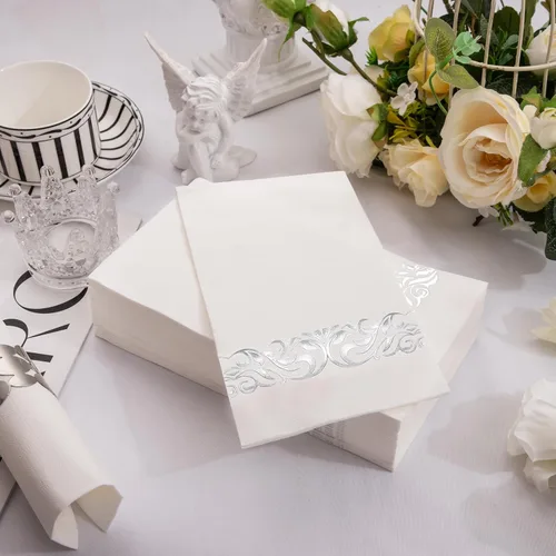 Miniatura 6 de WDF Paquete de 150 servilletas plateadas desechables de papel, servilletas plateadas de 3 capas, servilletas desechables de alta calidad, Blanco