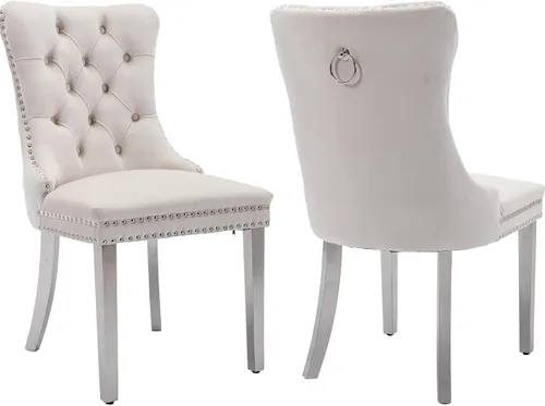 Juego de 2 Sillas de Comedor Modernas de Mediados de Siglo, Tapizadas en Terciopelo Beige con Respaldo Acolchado, Sillas de Cocina y Comedor, Patas