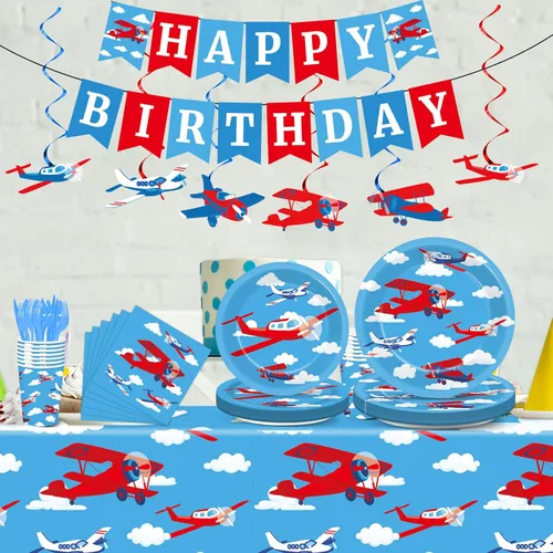 Miniatura 7 de Juego de 184 suministros para fiesta de cumpleaños de avión, incluye platos de avión, servilletas, mantel, banderín, kit de vajilla, desecha