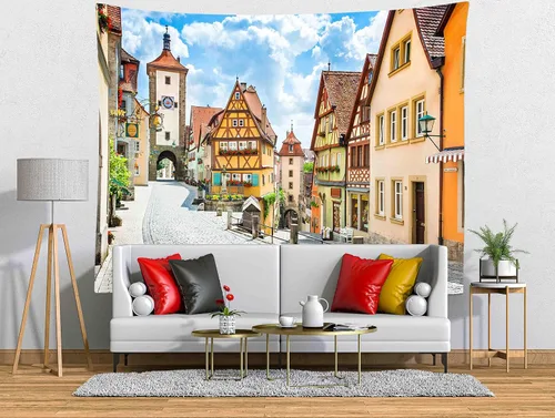 Miniatura 3 de BELECO Tapiz de calle de pueblo alemán, tapiz de Oktoberfest de 106 x 70 pulgadas, tapiz de Rothenburg Baviera, Alemania, tapiz para colgar