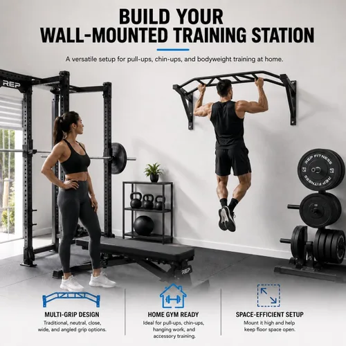 Miniatura 7 de REP Barra de dominadas montada en la pared para gimnasios en casa o garaje, barra recta o arco de agarre múltiple, ideal para kipping pull-ups