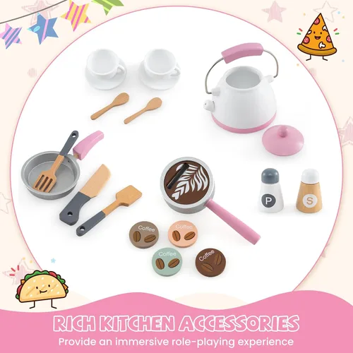Miniatura 6 de HONEY JOY Cocina de Jugar de Rincón, Juego de Cocina de Madera para Niños Pequeños con Luces, Cafetera, Microondas, Fregadero, Grifo, Juego