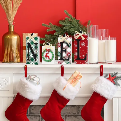 Miniatura 4 de Decoraciones navideñas de madera de Noel, 4 piezas de decoración rústica de mesa de Navidad, mesa independiente de Navidad, mesa de centro de mesa