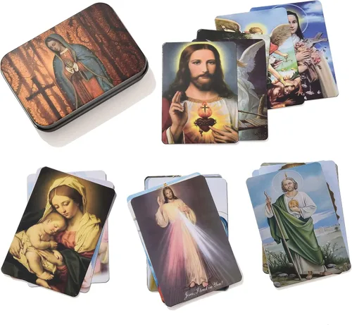 Miniatura 6 de SZQCZB Rosario - Collar católico con medalla del suelo sagrado Crucifijo con caja de metal y 18 tarjetas de oración