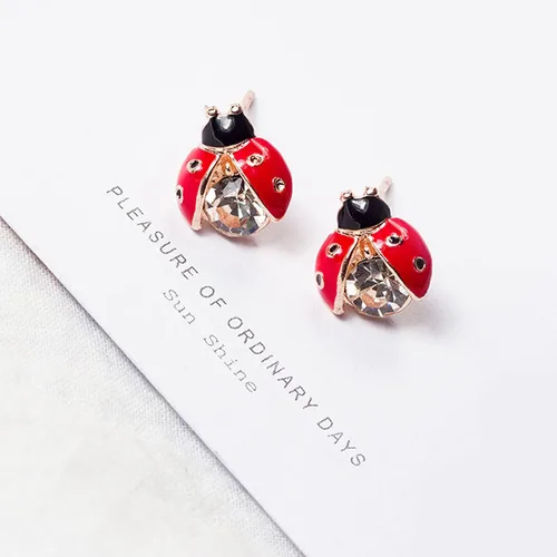 Miniatura 2 de 2 pares de pendientes de mariquita con circonita cúbica para mujer, diseño de insectos y mariquitas, diseño de lunares, color negro, rojo