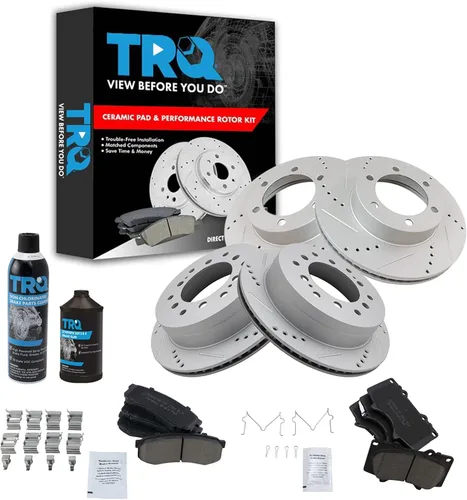 TRQ Kit de pastillas de freno y rotores de rendimiento delantero y trasero, kit químico de freno, pastillas de freno, juego de rotores de freno de