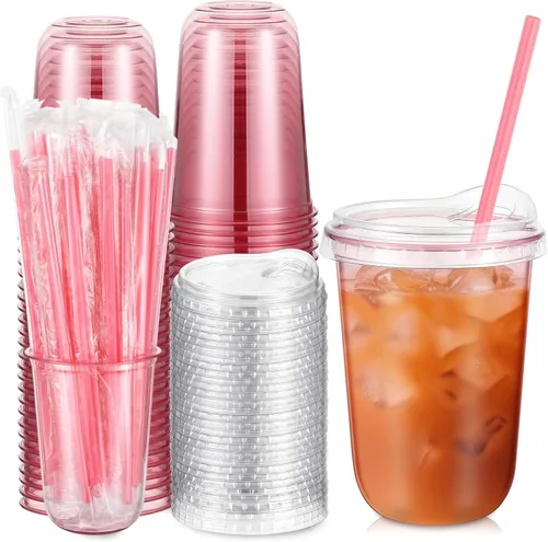 Miniatura 12 de Ziliny Juego de 25 vasos de plástico transparente con pajitas rosas en forma de corazón y tapas sin popote, vasos desechables para mascotas de fondo
