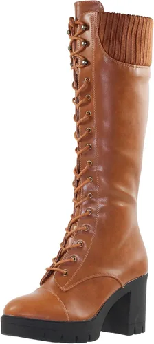 Miniatura 2 de Generation Y Botas de combate hasta la rodilla para mujer, con cordones, tacón grueso, cierre de cremallera
